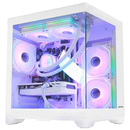 Close-up of Hoengager Panaroma Ryzen 7 5700x RTX 5070 White Edition 5000 Series High Performance interior featuring liquid cooling and GPU