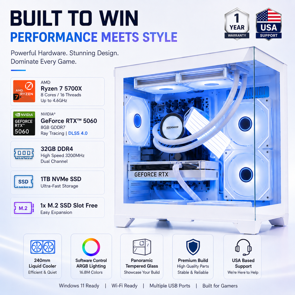 Hoengager Panaroma - RTX 5060 8GB GDDR7 - Gaming PC - Ryzen 5000 Series - Ryzen 7 5700X | 8-Core 3.4 GHz - DDR4 3200 1TB SSD | Win11 - Software Controlled RGB - Desktop PC White