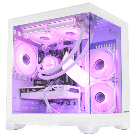 Front view of Hoengager Panaroma Ryzen 7 5700x RTX 5070 White Edition 5000 Series High Performance gaming desktop with vibrant RGB fans
