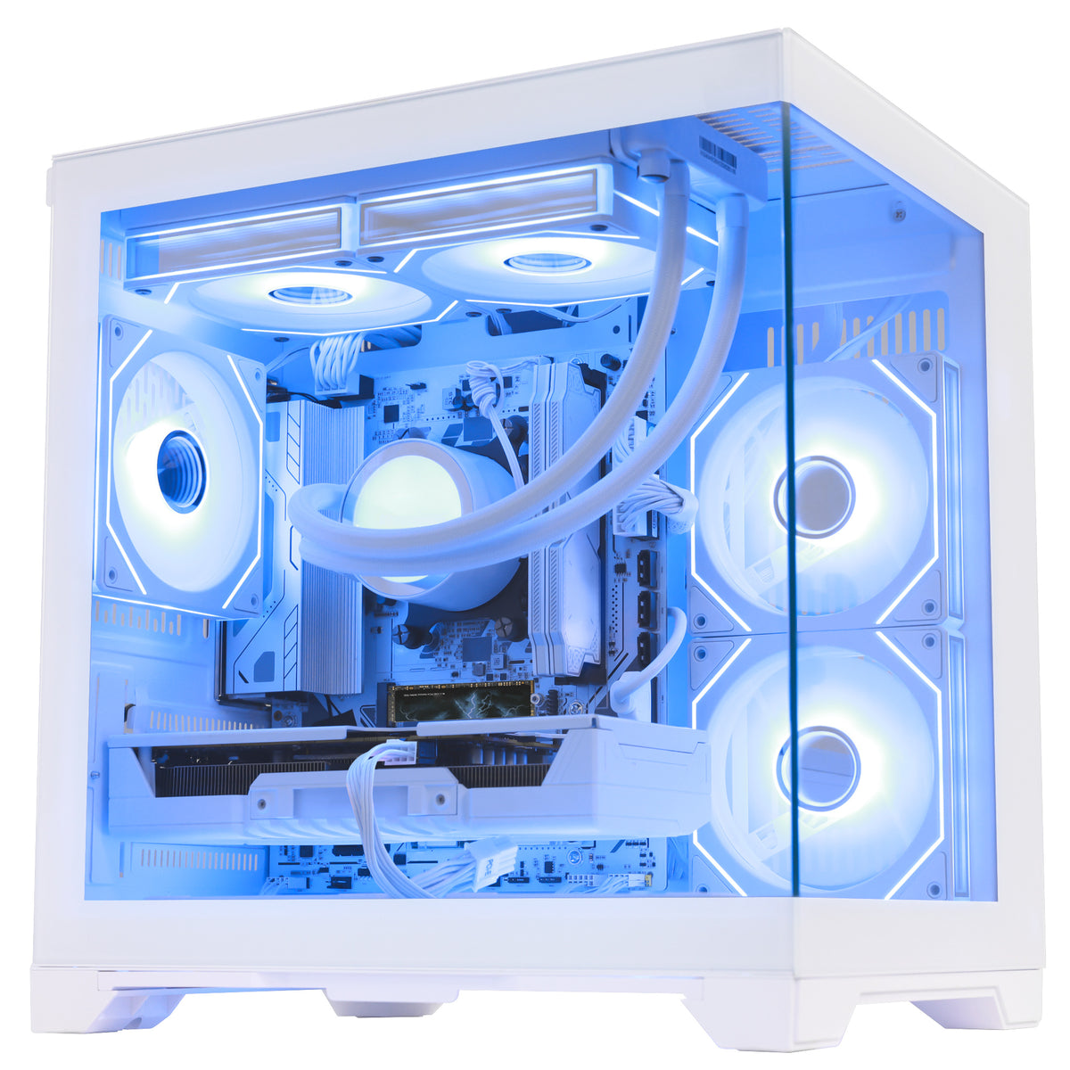 Close-up of Hoengager Panaroma Ryzen 5 9600x RTX 5070 32gb Ddr5 White Edition 9000 Series interior featuring liquid cooling and GPU