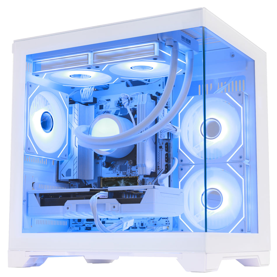 Close-up of Hoengager Panaroma Ryzen 5 9600x RTX 5070 32gb Ddr5 White Edition 9000 Series interior featuring liquid cooling and GPU