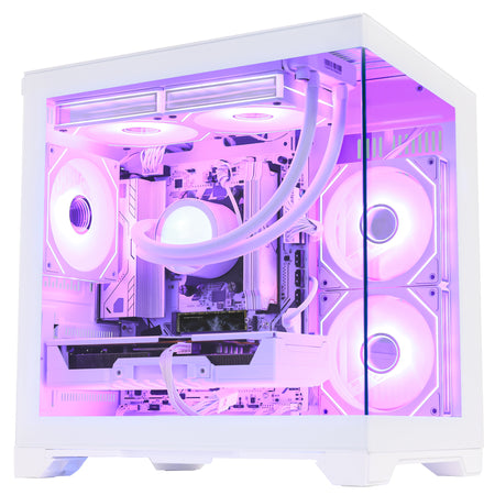 Front view of Hoengager Panaroma Ryzen 5 9600x RTX 5070 32gb Ddr5 White Edition 9000 Series gaming desktop with vibrant RGB fans