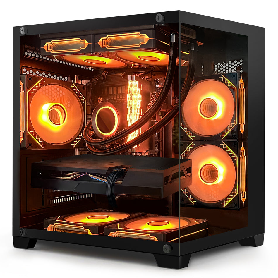 Main view of Hoengager Panaroma I5 13400f Stealth Black with panoramic glass case and RGB lighting