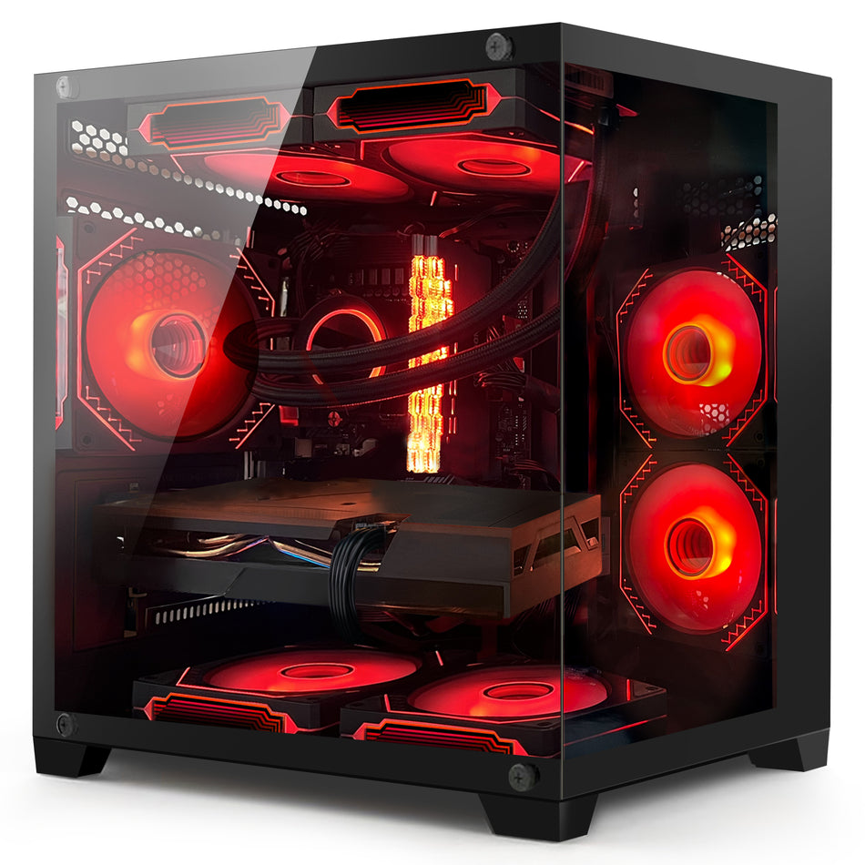 Side profile of Hoengager Panaroma I5 13400f Stealth Black showing internal components and cooling system