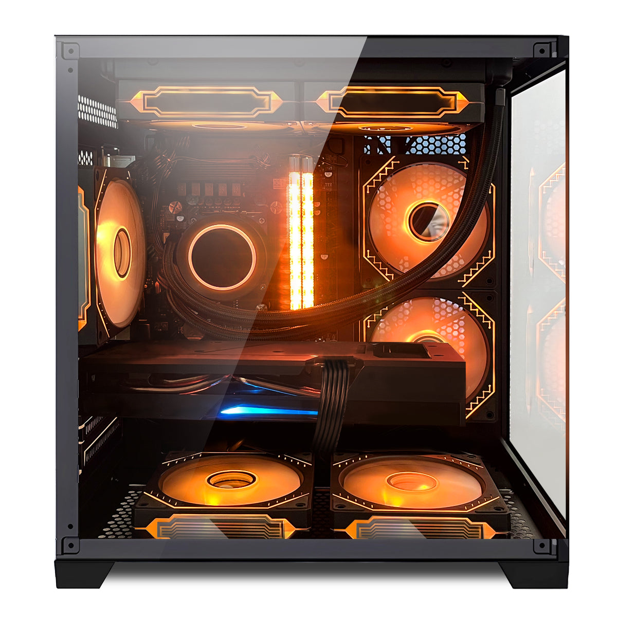Close-up of Hoengager Panaroma I5 13400f Stealth Black interior featuring liquid cooling and GPU