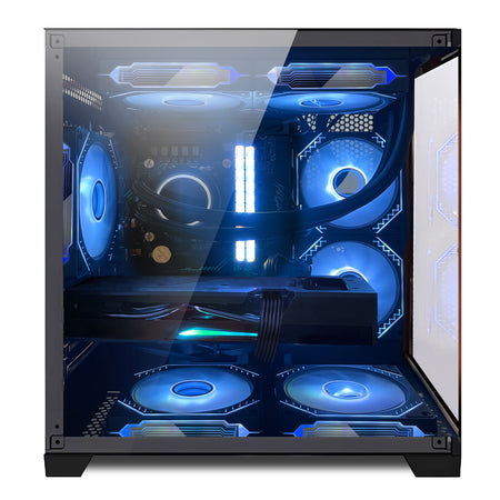 Front view of Hoengager Panaroma I5 13400f Stealth Black gaming desktop with vibrant RGB fans