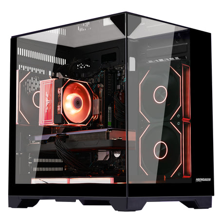 Main view of Hoengager Gaming PC Ryzen 7 5700x Stealth Black 5000 Series with panoramic glass case and RGB lighting