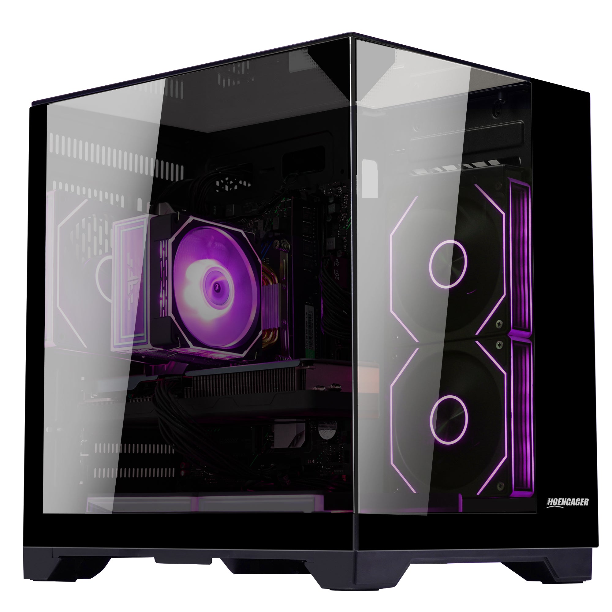 Side profile of Hoengager Gaming PC Ryzen 7 5700x Stealth Black 5000 Series showing internal components and cooling system