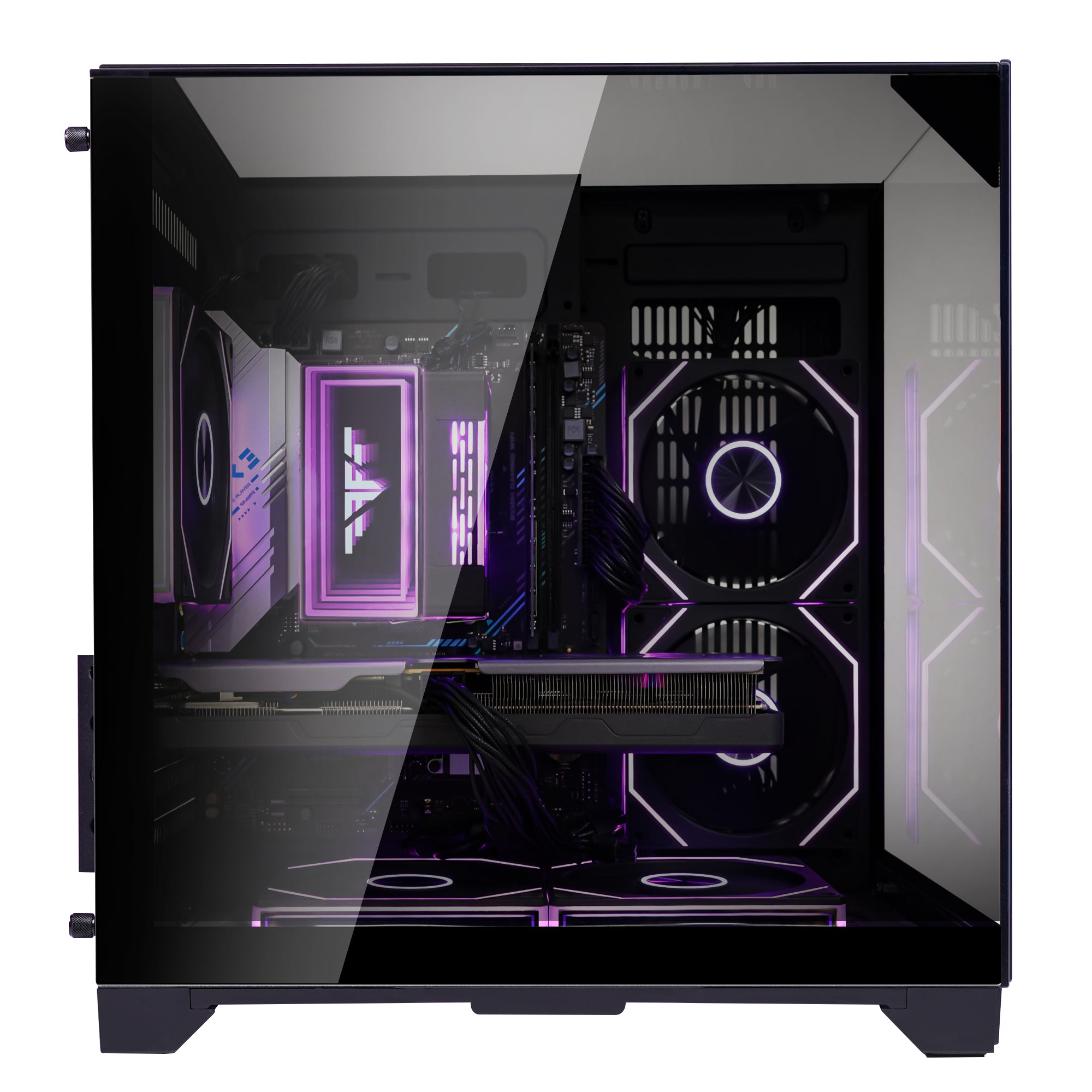 Close-up of Hoengager Gaming PC Ryzen 7 5700x Stealth Black 5000 Series interior featuring liquid cooling and GPU
