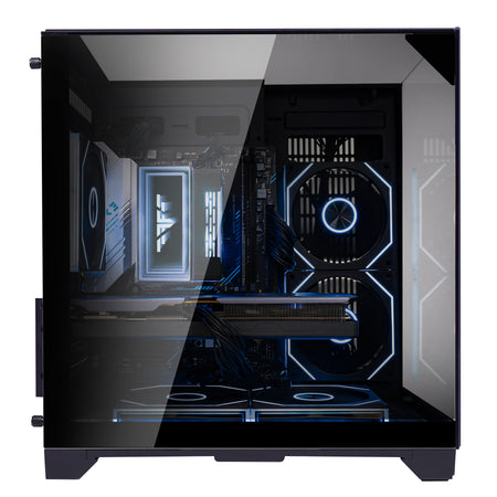Front view of Hoengager Gaming PC Ryzen 7 5700x Stealth Black 5000 Series gaming desktop with vibrant RGB fans