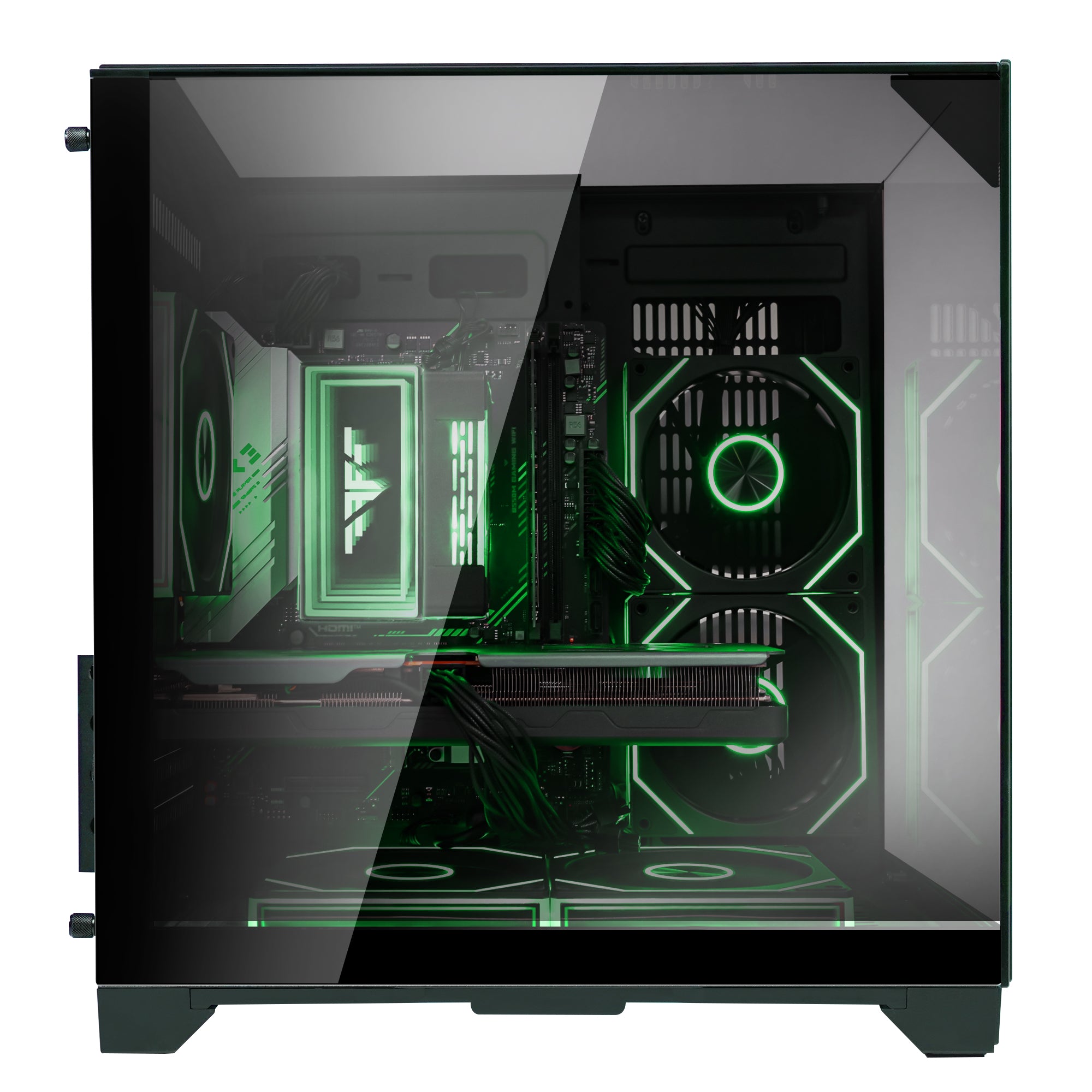 Back panel and connectivity ports of the Hoengager Gaming PC Ryzen 7 5700x Stealth Black 5000 Series