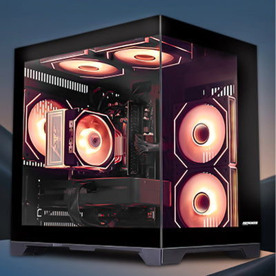 Main view of Hoengager Gaming PC Ryzen 5 5500 RX 6500 XT Stealth Black Pro Series 5000 Series with panoramic glass case and RGB lighting