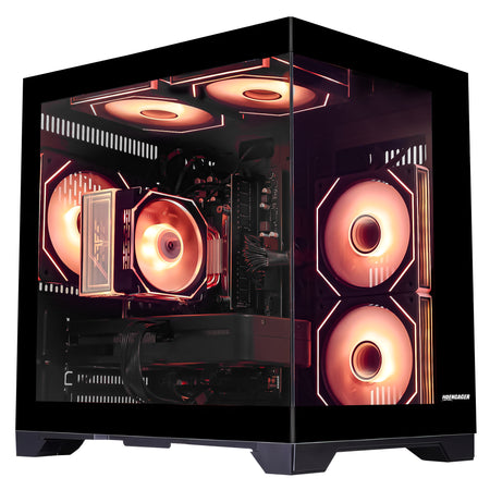 Side profile of Hoengager Gaming PC Ryzen 5 5500 RX 6500 XT Stealth Black Pro Series 5000 Series showing internal components and cooling system