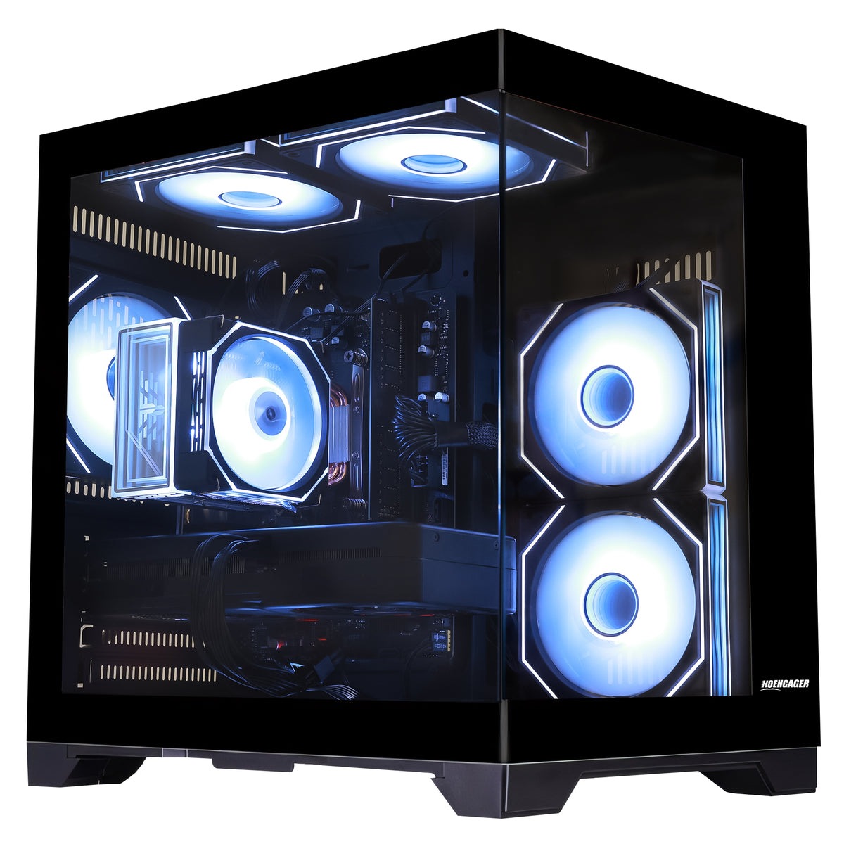Close-up of Hoengager Gaming PC Ryzen 5 5500 RX 6500 XT Stealth Black Pro Series 5000 Series interior featuring liquid cooling and GPU