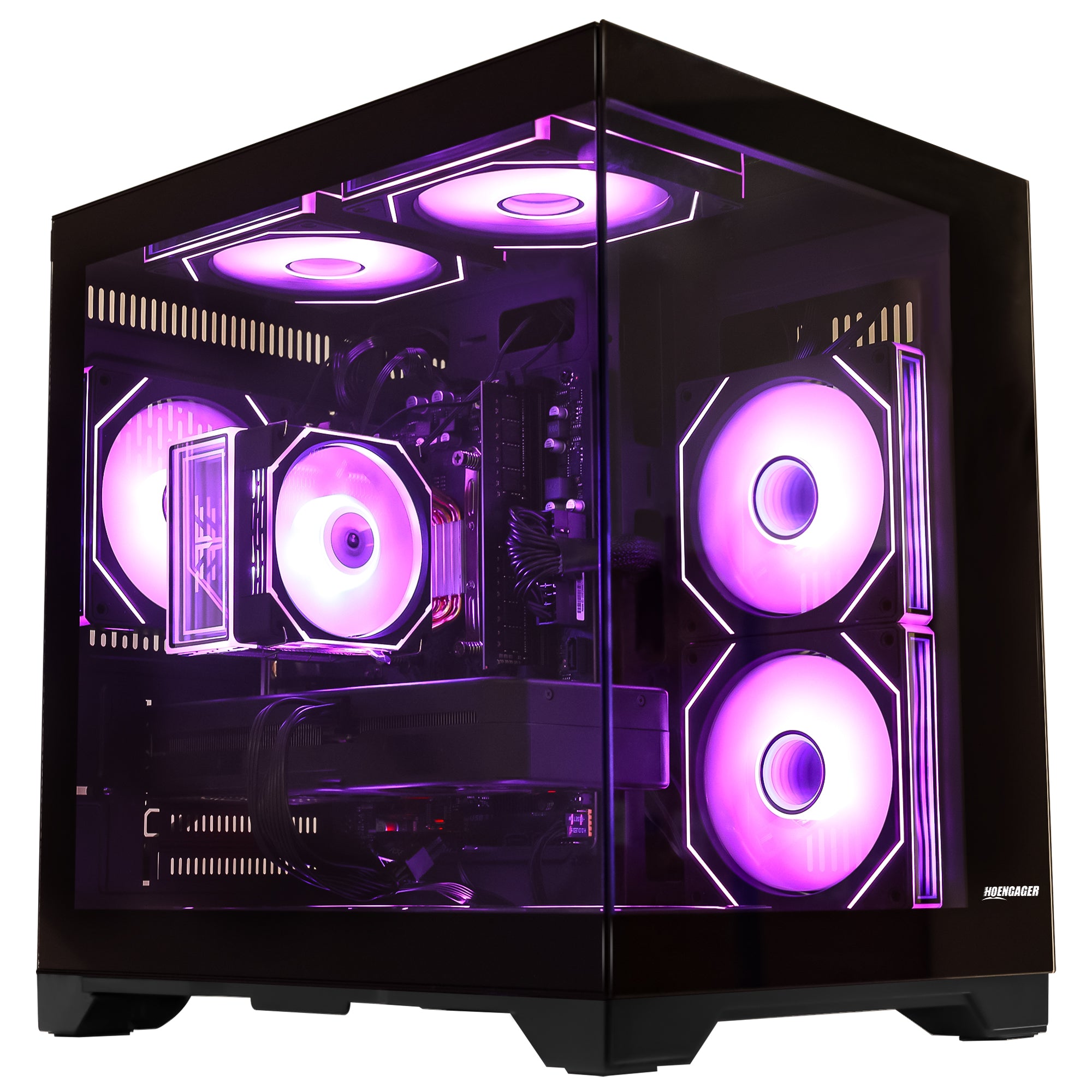 Front view of Hoengager Gaming PC Ryzen 5 5500 RX 6500 XT Stealth Black Pro Series 5000 Series gaming desktop with vibrant RGB fans