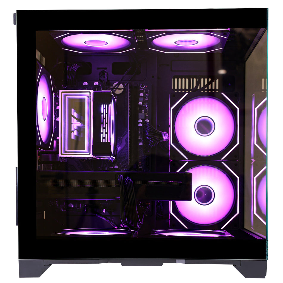 Hoengager black gaming pc, side or front interior view showing the components and cooling system