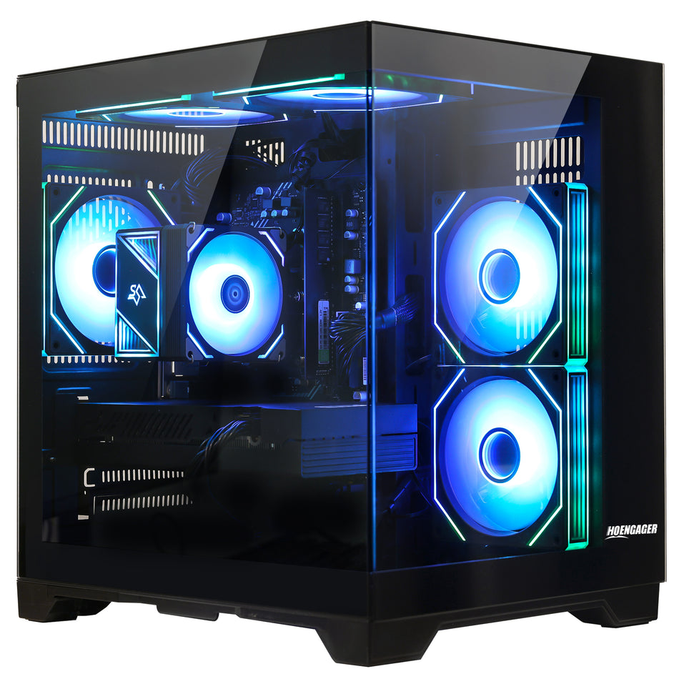 Hoengager black King gaming PC, front three-quarter product view with RGB lighting