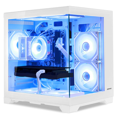 Main view of Hoengager Gaming PC RX 6500 XT White Edition Stealth Black Pro Series 5000 Series with panoramic glass case and RGB lighting