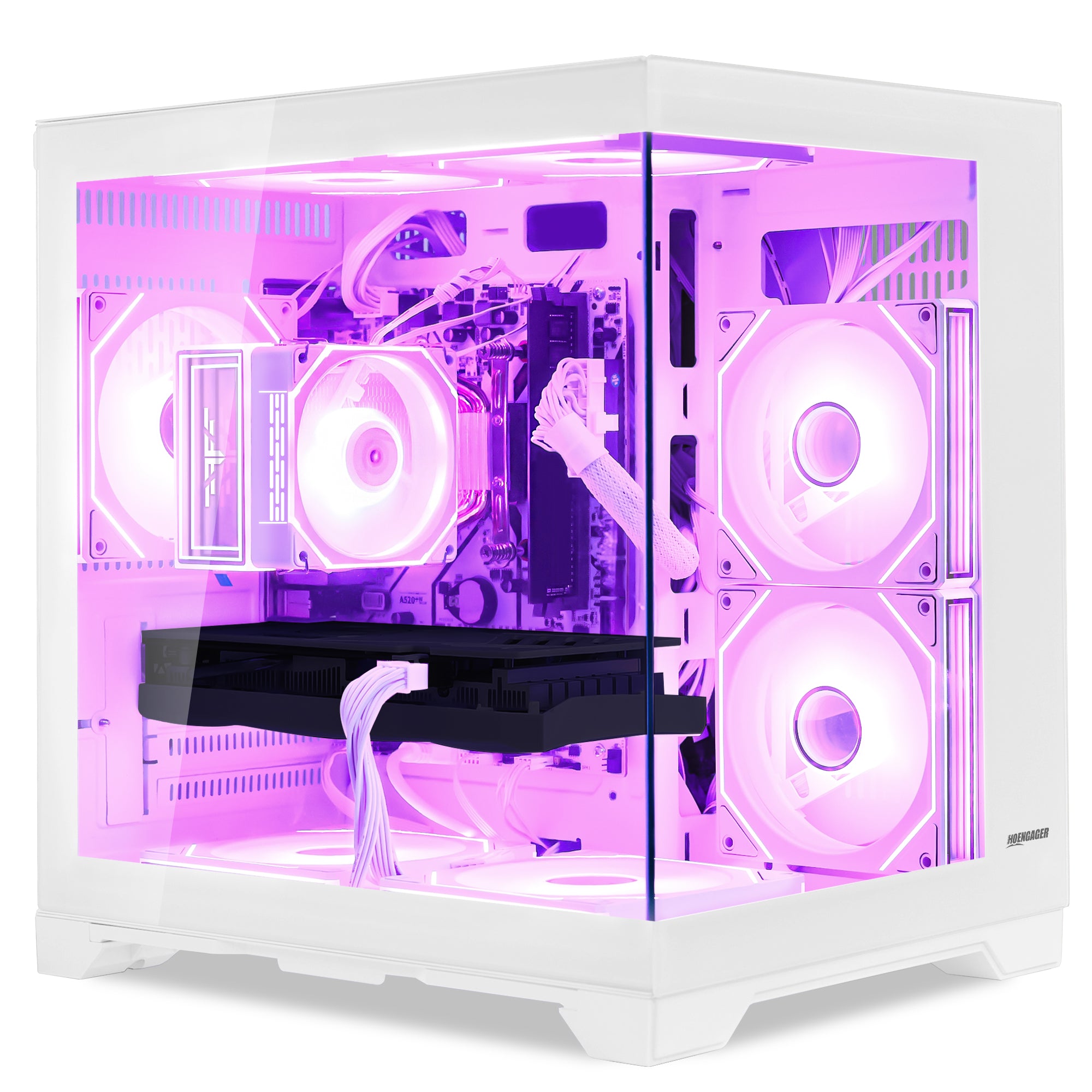 Side profile of Hoengager Gaming PC RX 6500 XT White Edition Stealth Black Pro Series 5000 Series showing internal components and cooling system