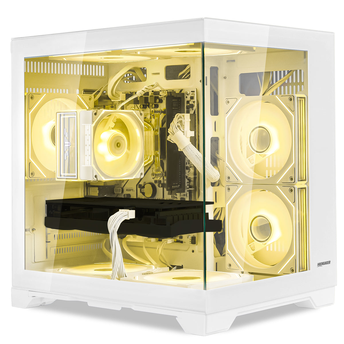 Close-up of Hoengager Gaming PC RX 6500 XT White Edition Stealth Black Pro Series 5000 Series interior featuring liquid cooling and GPU