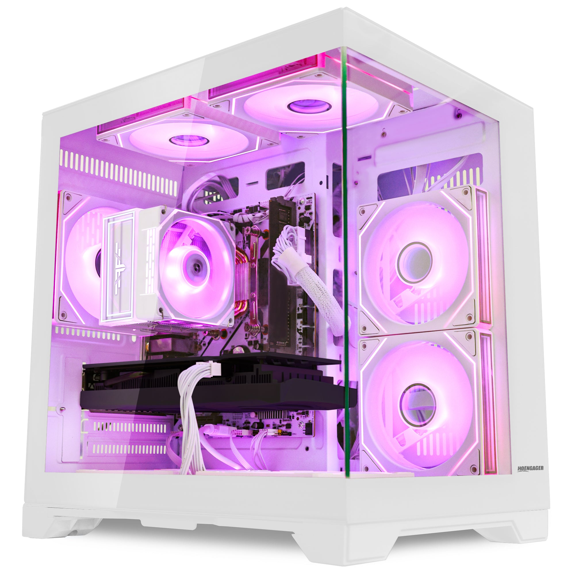Front view of Hoengager Gaming PC RX 6500 XT White Edition Stealth Black Pro Series 5000 Series gaming desktop with vibrant RGB fans