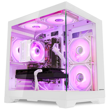 Front view of Hoengager Gaming PC RX 6500 XT White Edition Stealth Black Pro Series 5000 Series gaming desktop with vibrant RGB fans
