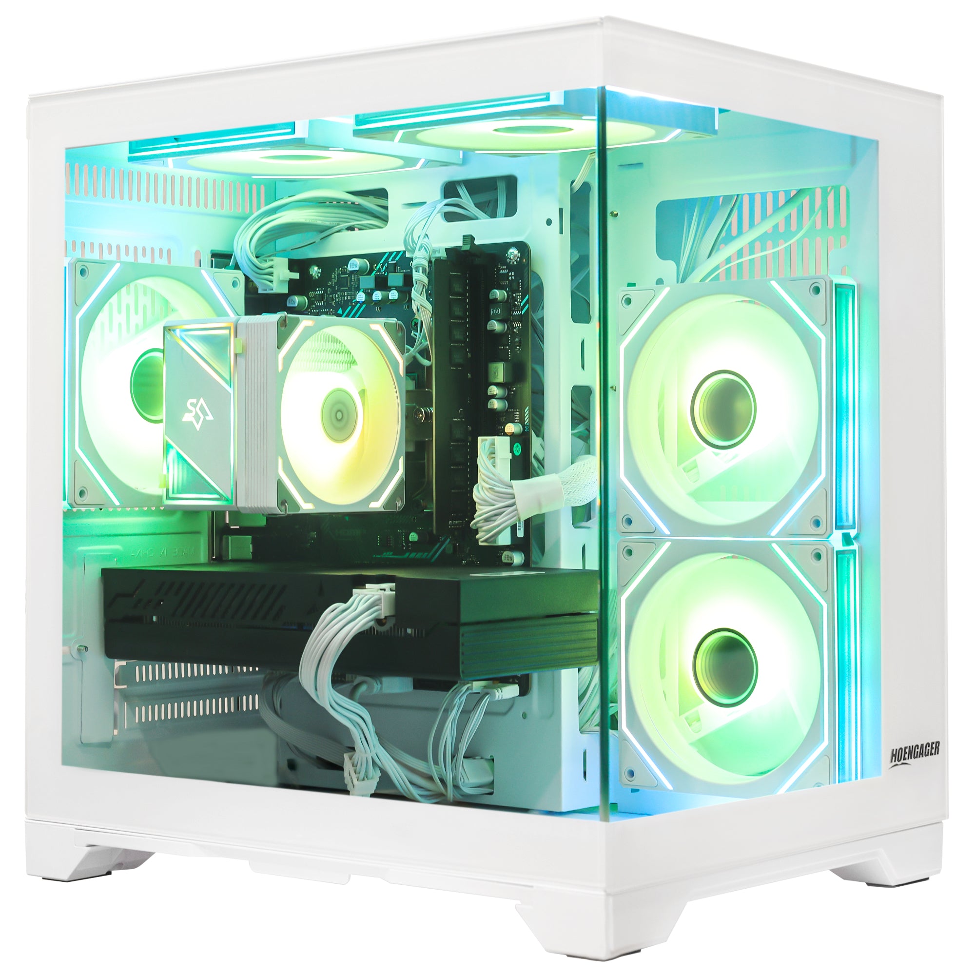 Hoengager white gaming PC front view with full glass panoramic display