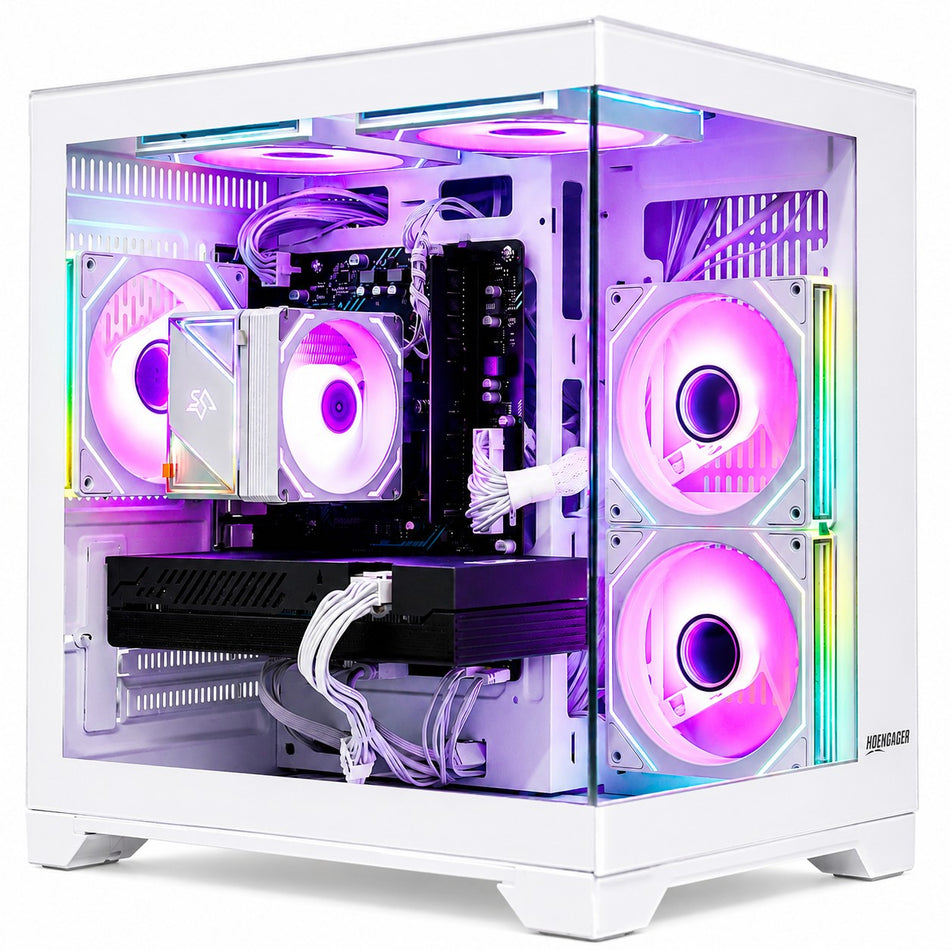 Hoengager white gaming PC front view with full glass panoramic display