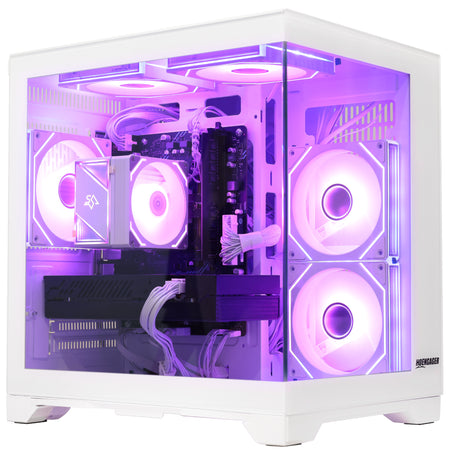 Elegant white PC case interior with vibrant RGB lighting setup