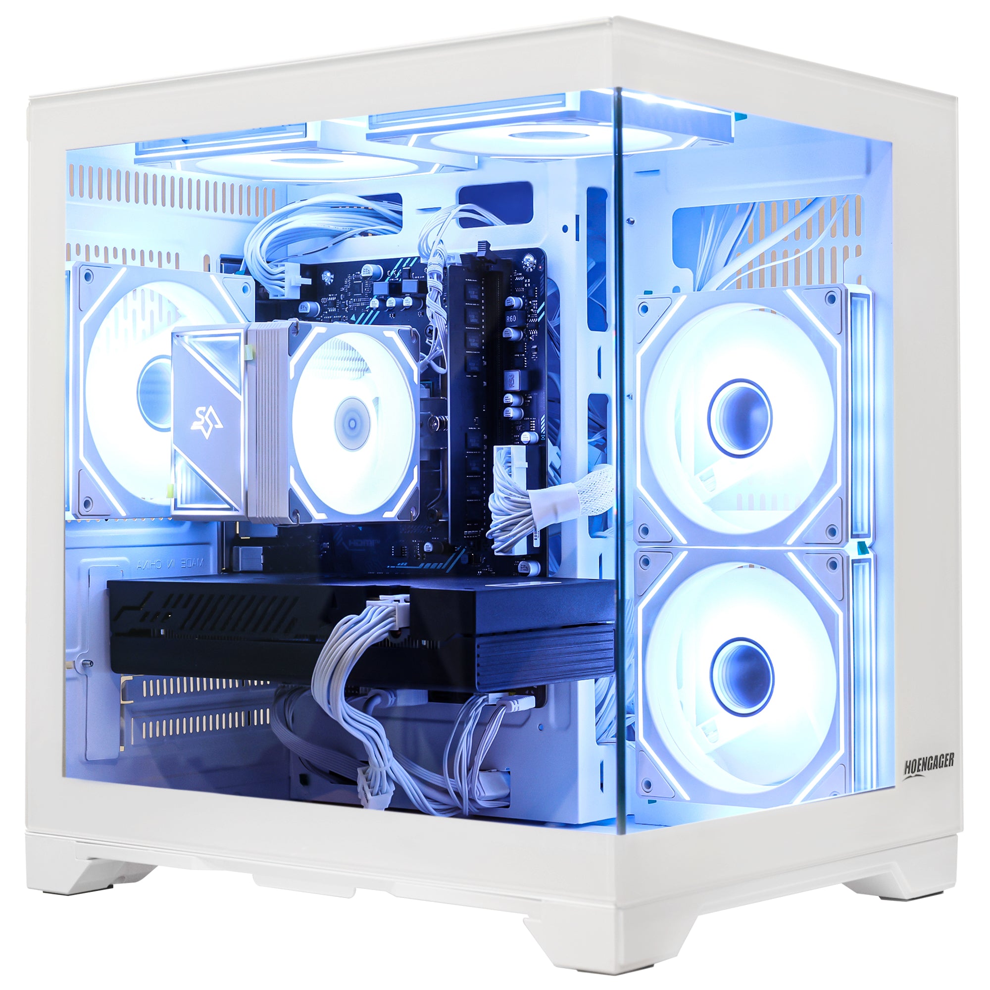 High-performance gaming PC white aesthetic with side glass panel