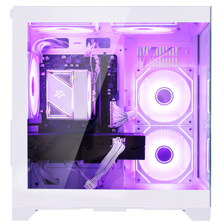 Close-up of white PC case cooling fans with customizable RGB lights
