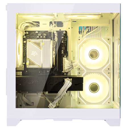 Top-down view of white gaming PC case airflow design
