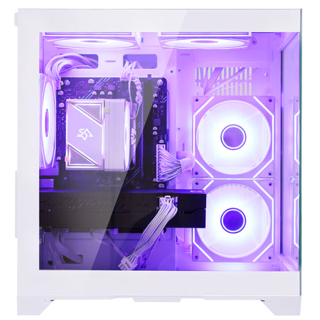Detailed view of the white PC case glass chassis and cable management