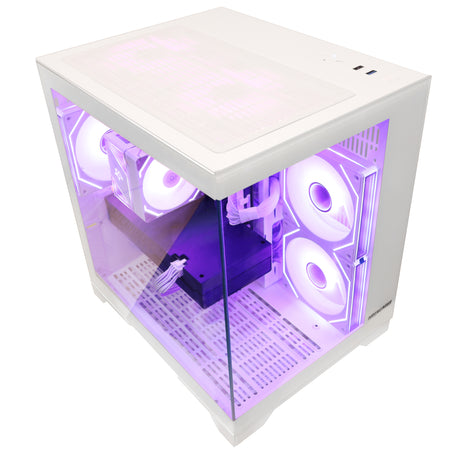 Angled side shot of white aesthetic gaming computer setup