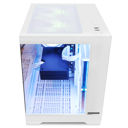 Close-up of PC cooling system and thermal management in white build