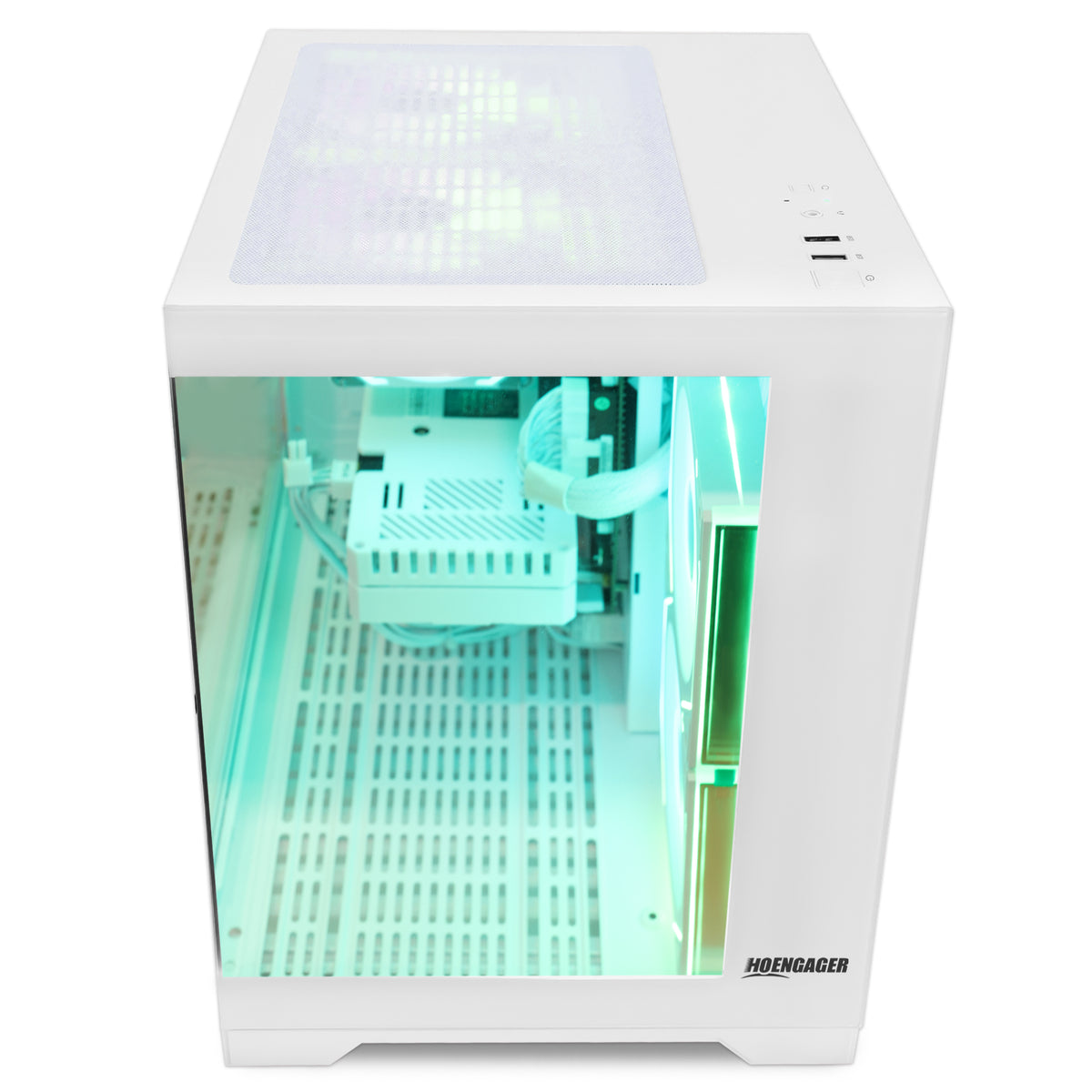 Panoramic glass display gaming PC with synchronized RGB lighting