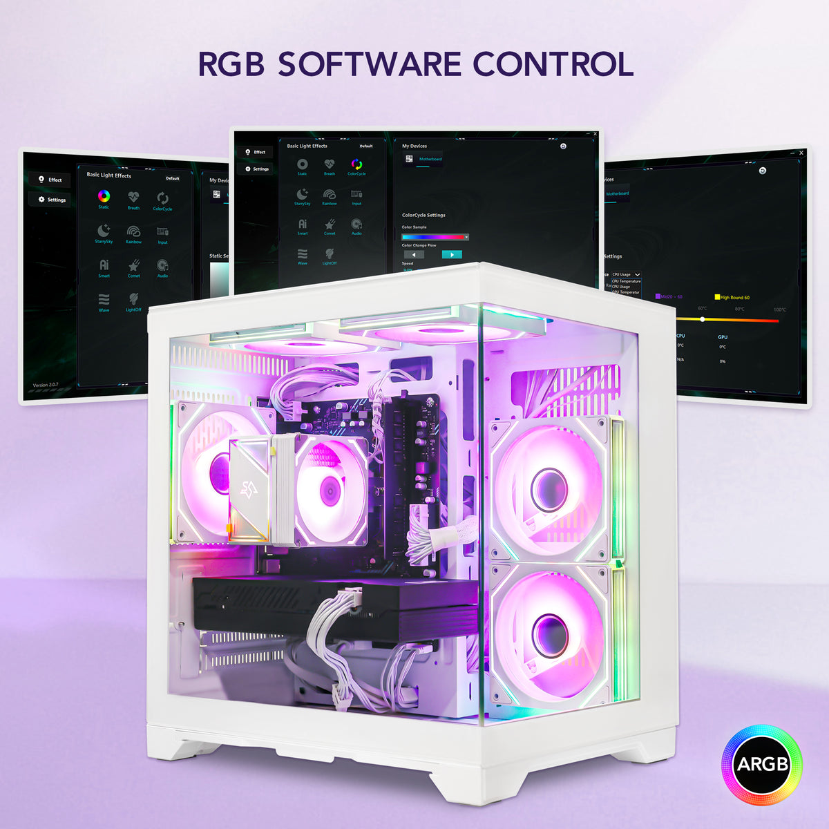 Gaming PC case front panel design featuring minimalist white aesthetics