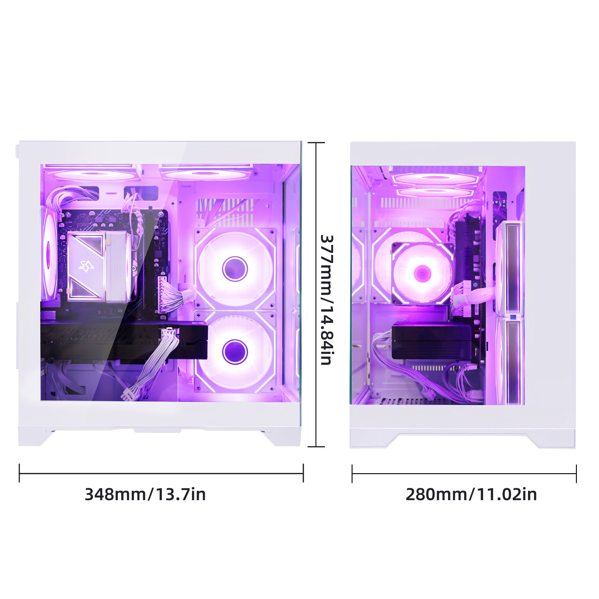 Hoengager white PC tower showcasing motherboard and GPU spacing