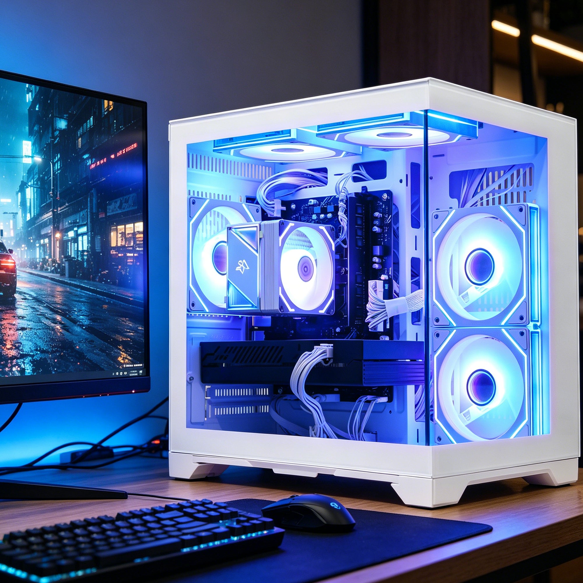 Aesthetic professional gaming PC desktop in white finish with RGB glow