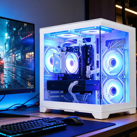 Aesthetic professional gaming PC desktop in white finish with RGB glow