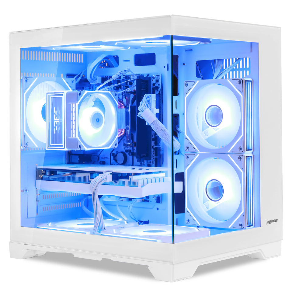 Main view of Hoengager Gaming PC Ryzen 5 5600x White Edition 5000 Series High Performance with panoramic glass case and RGB lighting