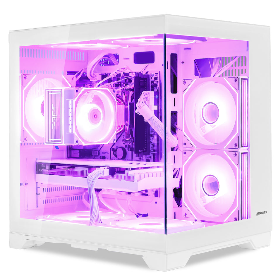 Side profile of Hoengager Gaming PC Ryzen 5 5600x White Edition 5000 Series High Performance showing internal components and cooling system