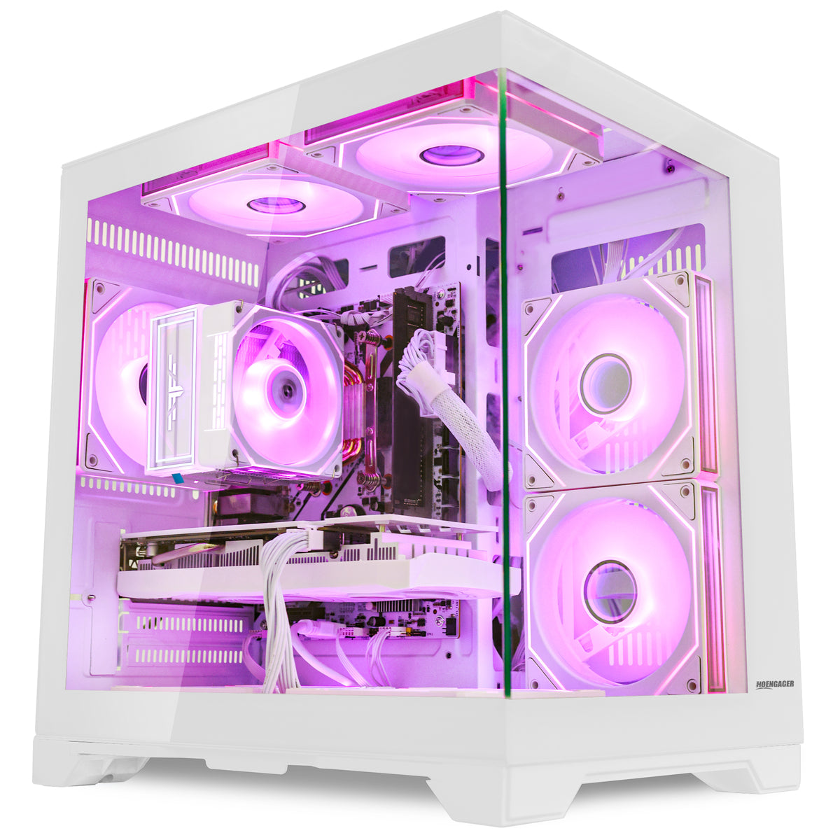 Close-up of Hoengager Gaming PC Ryzen 5 5600x White Edition 5000 Series High Performance interior featuring liquid cooling and GPU