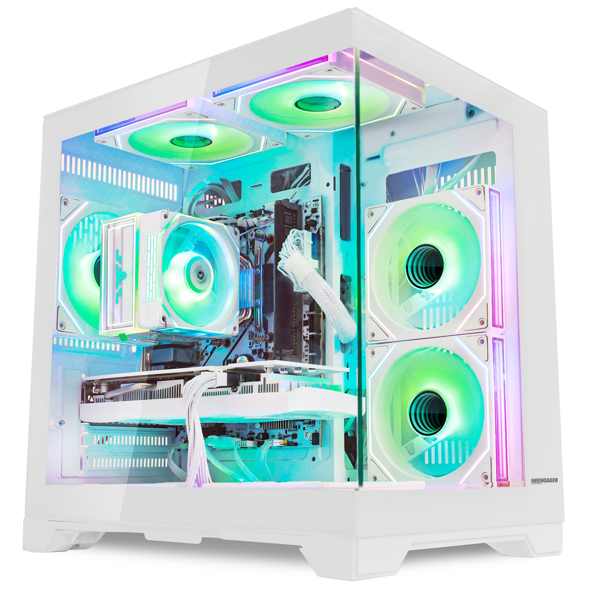 Front view of Hoengager Gaming PC Ryzen 5 5600x White Edition 5000 Series High Performance gaming desktop with vibrant RGB fans