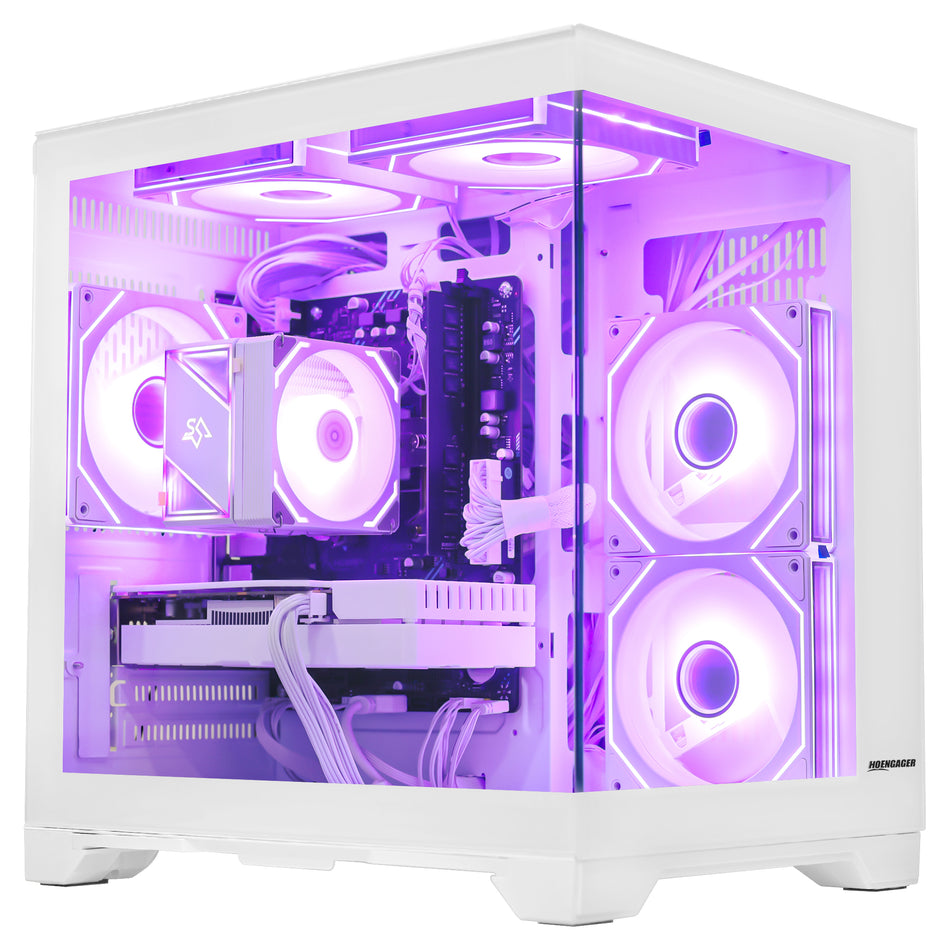 Hoengager white gaming PC, alternate front product view with RGB lighting