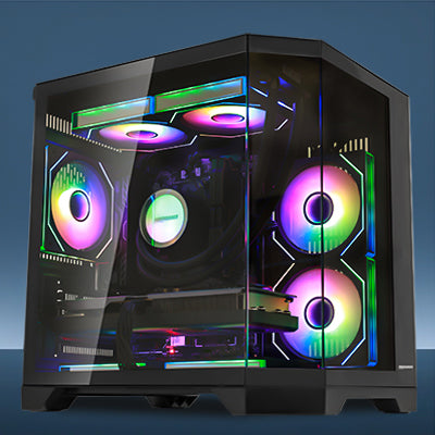 HOENGAGER panoramic gaming PC with AMD Ryzen 5 7600x, Radeon RX 9070 GRE 12GB GPU, DDR5 memory, and software ARGB lighting
