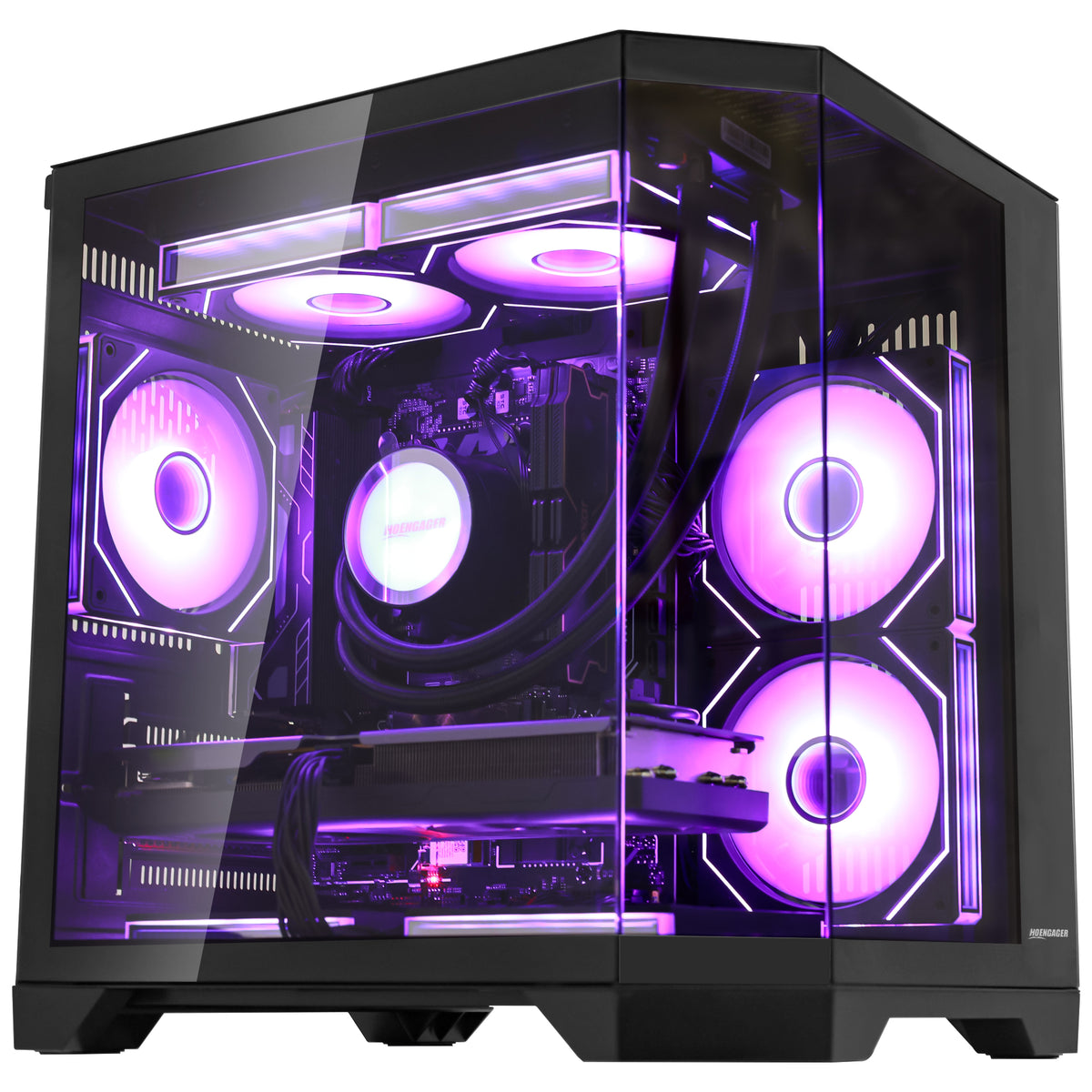 HOENGAGER high-end gaming desktop featuring Ryzen 5 7600x, RX 9070 GRE 12GB graphics, DDR5 RAM, and purple software ARGB