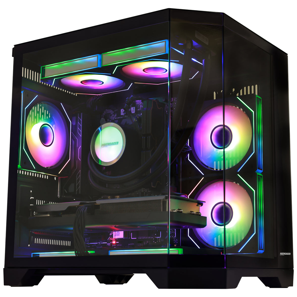 HOENGAGER custom gaming PC showcasing Radeon RX 9070 GRE 12GB GPU, DDR5 performance, and dynamic rainbow software ARGB