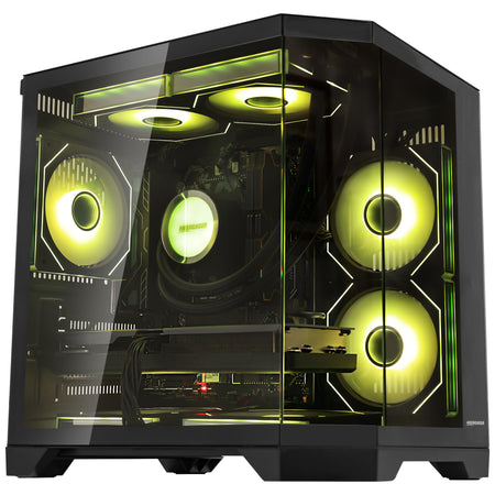 HOENGAGER mid-tower gaming computer built with Ryzen 5 7600x, DDR5, and striking yellow software ARGB lighting