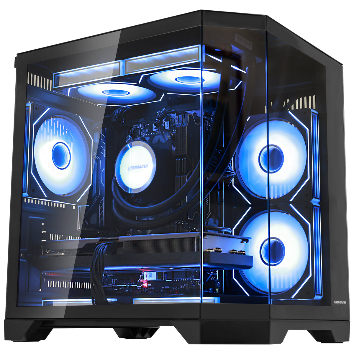 HOENGAGER modern gaming desktop tower with Ryzen 5 7600x, DDR5, and cool blue software ARGB illumination
